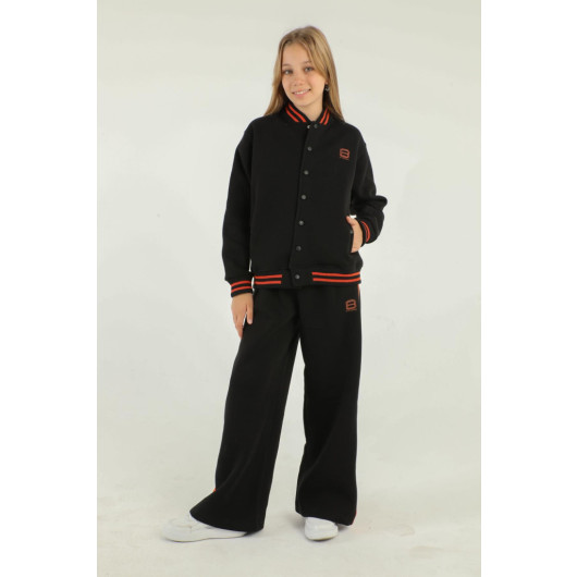 College Collar Snap Detail Wide Leg Girls Tracksuit Set