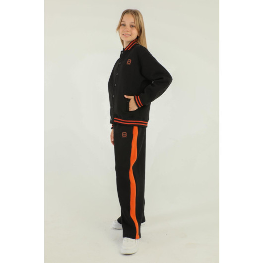 College Collar Snap Detail Wide Leg Girls Tracksuit Set