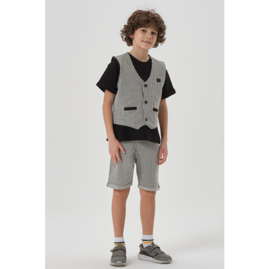 Printed Detailed Boy Bottom Shorts Top Crew Neck Tshirt Vest Set