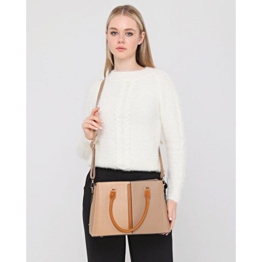 3 Compartment Patterned Women's Camel Shoulder And Crossbody Bag