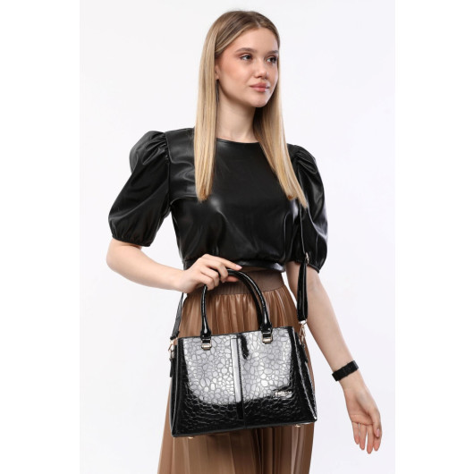 3 Compartment Patterned Women's Bean Black Hand Shoulder And Crossbody Bag