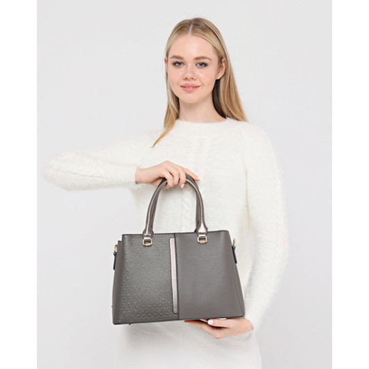3-Compartment Patterned Women's Grey-Black Shoulder And Crossbody Bag