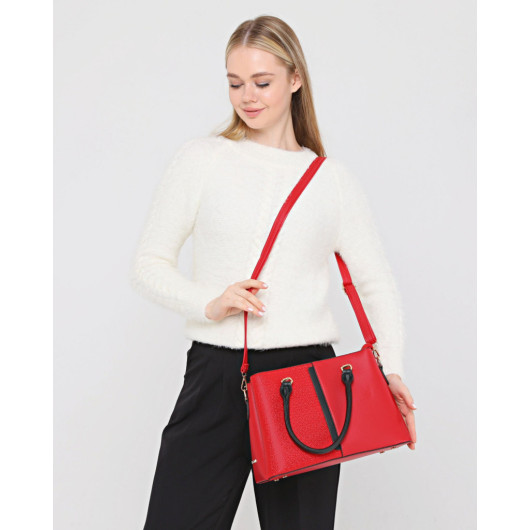3 Compartment Patterned Women's Red-Black Shoulder And Crossbody Bag