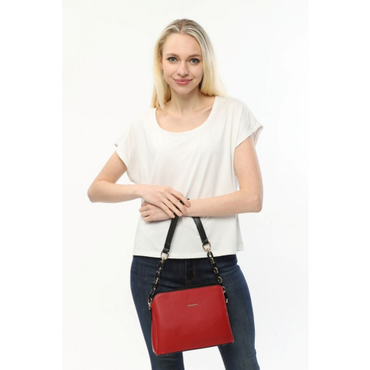Women's Red-Black Hand Shoulder And Crossbody Bag With Two Straps