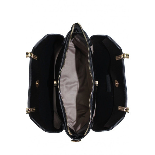 حقيبة يد وكتف نسائية ذات 3 اقسام لون رمادي-أسود