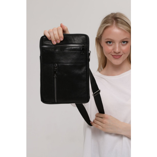 Genuine Leather Black Unisex Crossbody Bag