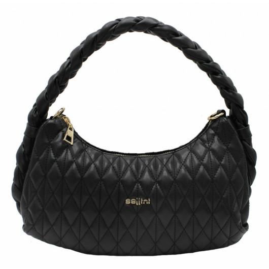 Women's Black Hand, Shoulder And Crossbody Bag With Knitted Handle
