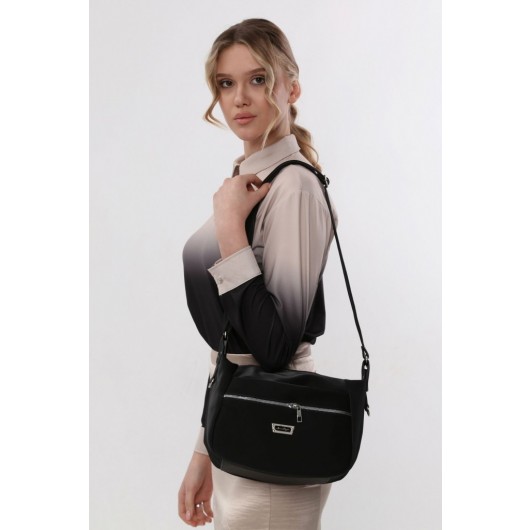Women's Shoulder And Crossbody Bag Satin Fabric Multi Pocket Black