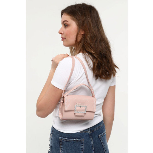 Pink Women's Hand Shoulder And Crossbody Bag With Stone Buckle Accessory 323