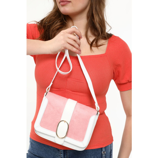 Clamshell Baguette White-Pink Women's Shoulder And Crossbody Bag With Buckle Accessory
