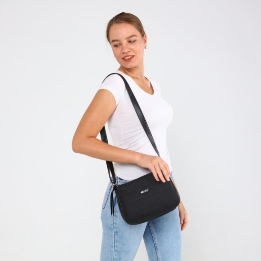 Women's Black Shoulder And Crossbody Bag With Lettering Multi-Pocket