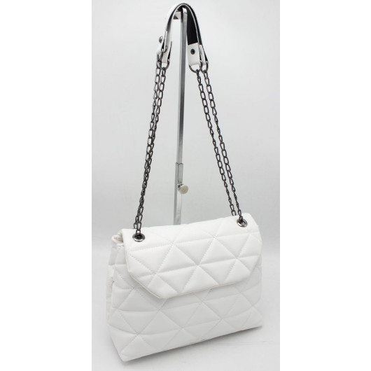 Chain Quilted White Women's Shoulder And Crossbody Bag