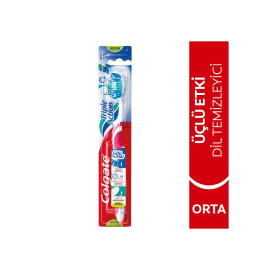Colgate Toothbrush - Medium Softness For Back Teeth With Triple Action Tongue Cleaner