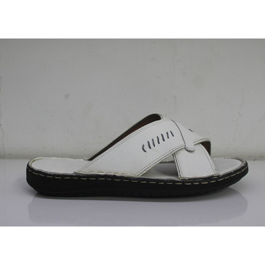 Men's Sandal In Premium Genuine Leather With Two Cross Straps, Cream Color