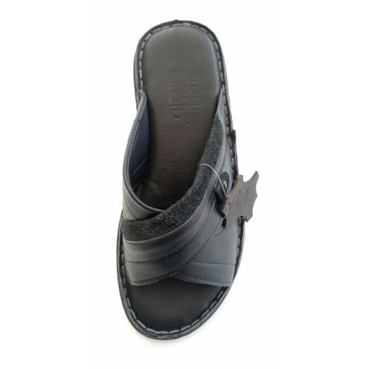 Men's Sandal Made Of Premium Genuine Leather, With Two Cross Straps, Black Color