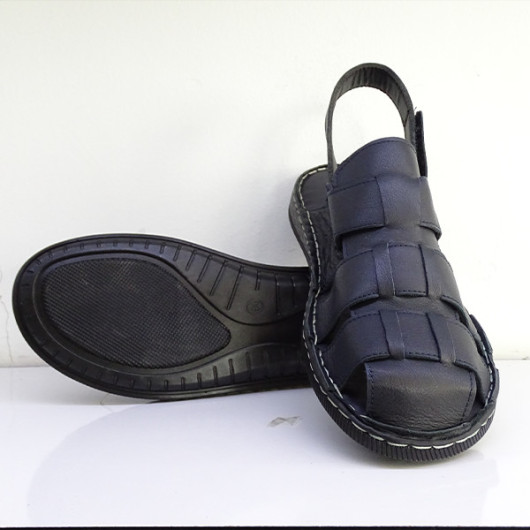 Men's Sandal Made Of First Class Genuine Leather With A Black Heel Strap