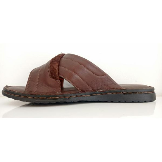 Men's Sandal Made Of Premium Genuine Leather With Two Cross Straps, Dark Brown