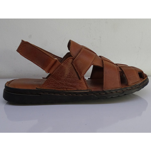 Men's First Class Genuine Leather Sandal With Heel Strap Brown Color