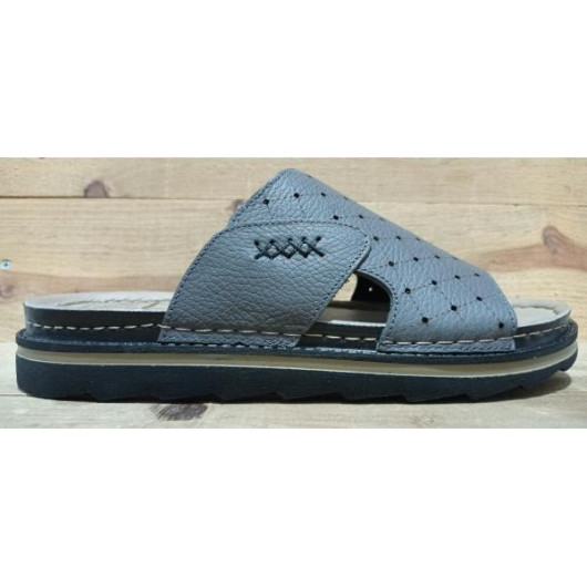 Men's Sandal Made Of Premium Natural Leather, First Class, With A Medical Sole - Gray