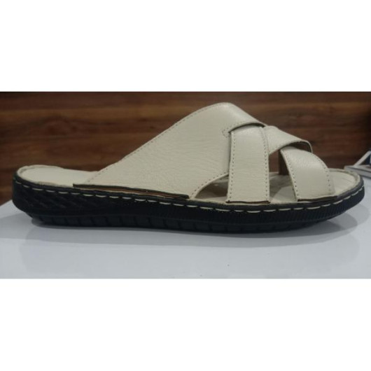 Men's Criss-Cross Style Sandal Made Of First Class Premium Genuine Leather, Cream Color