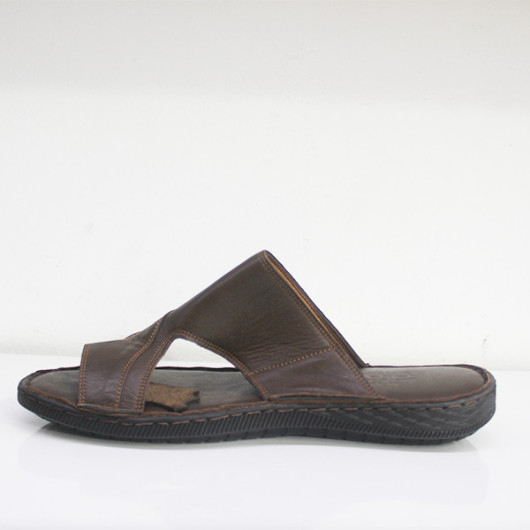 Men's Sandal With A Toe Of First-Class Natural Leather, Dark Brown