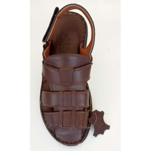 Men's First Class Genuine Leather Sandal With Heel Strap Dark Brown