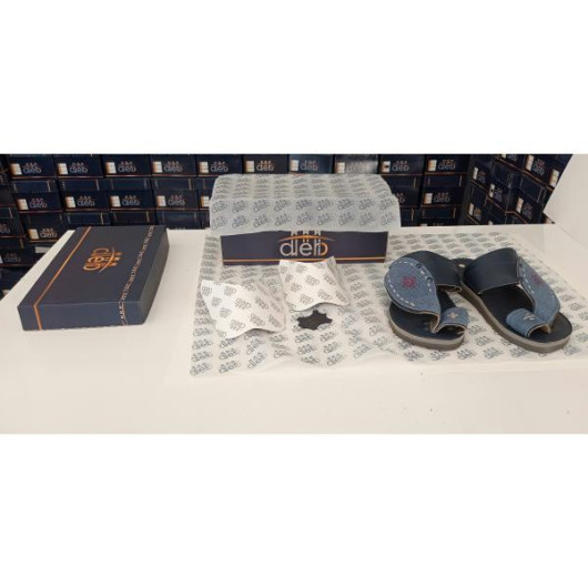 Men's Sandal Luxury First Class Genuine Leather Stitching Pattern Navy Color