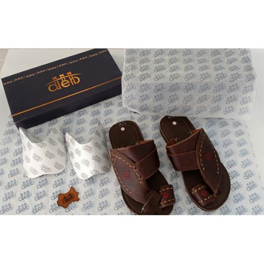 Men's Sandal, First Class Luxury Genuine Leather With Stitching Pattern, Brown Color