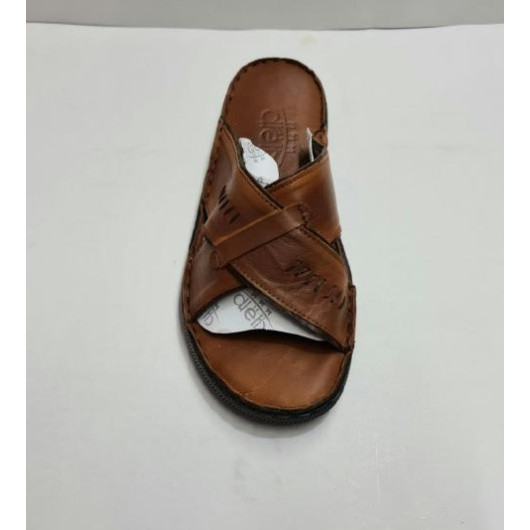 Men's Sandal Made Of Premium Genuine Leather, First Class, With Two Cross Straps, Light Brown