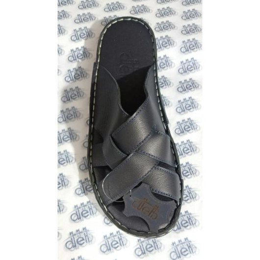 Men's Sandal With Criss-Cross Pattern In Premium Genuine Leather, First Class, Navy