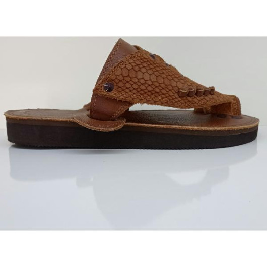 Men's Sandal, First Class, Genuine Leather, With Crocodile Pattern, Brown Color