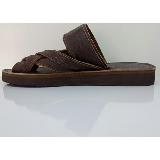 Men's Sandal, Genuine Leather, First Class, With A Cross-Body Design, Brown Color