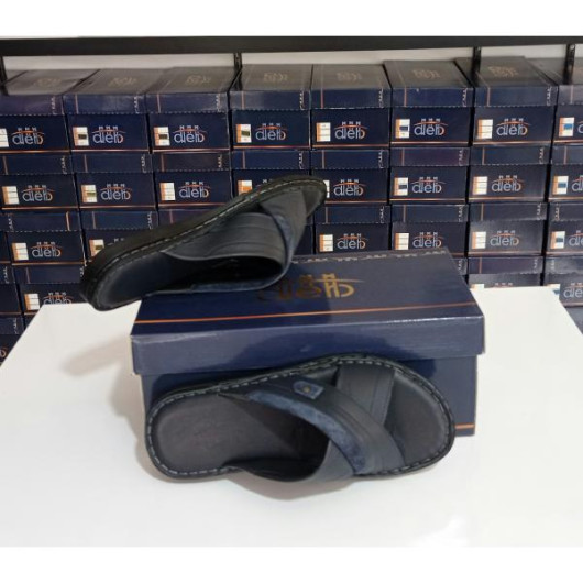 Men's Sandal Made Of First Class Luxury Genuine Leather With Two Cross Straps, Navy Blue