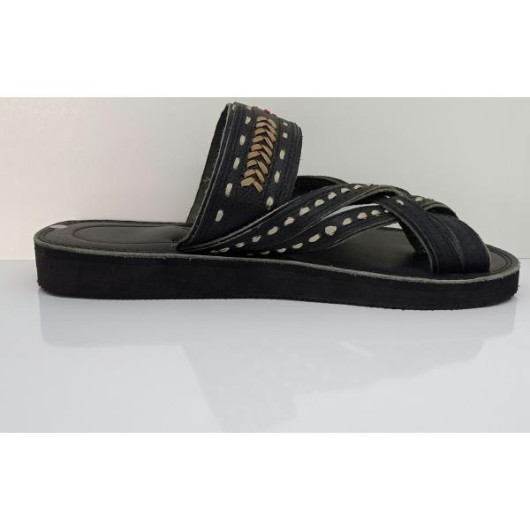 Men's Sandal, First Class, Luxury Genuine Leather, With A Cross Design, Black Color