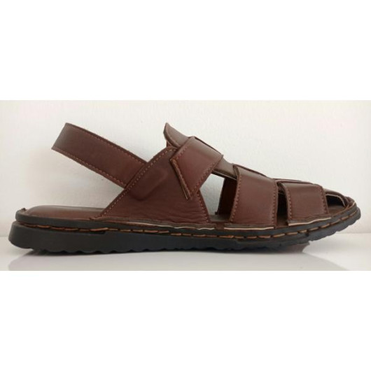 Men's First Class Genuine Leather Sandal With Heel Strap Dark Brown