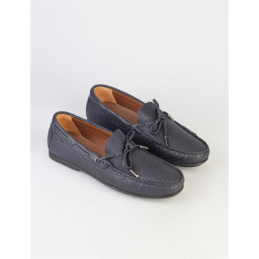 Lace Detailed Genuine Leather Navy Blue Men's Loafers
