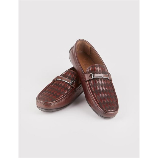 Diamond Patterned Genuine Leather Brown Men's Loafers