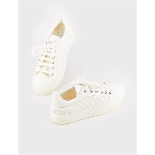 White Lace-Up Women's Stitching Detailed Sneakers