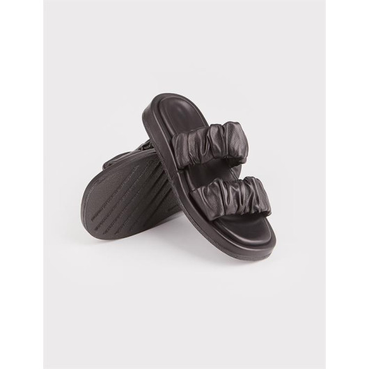 Double Band Genuine Leather Black Women's Slippers
