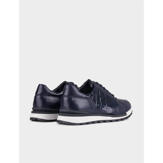 Croco Printed Genuine Leather Navy Blue Lace-Up Men's Sneakers