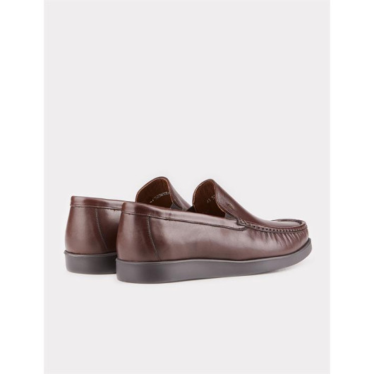 Stitch Detail Genuine Leather Brown Casual Shoes