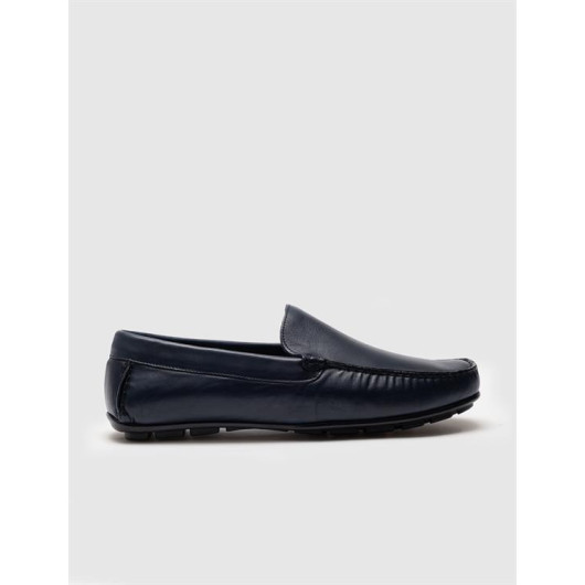 Stitched Genuine Leather Navy Blue Men's Loafers