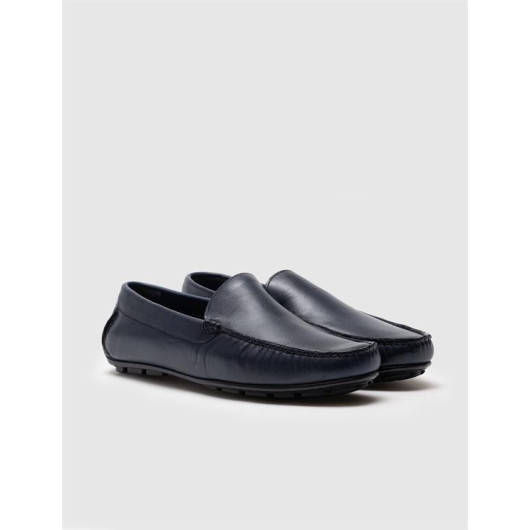 Stitched Genuine Leather Navy Blue Men's Loafers