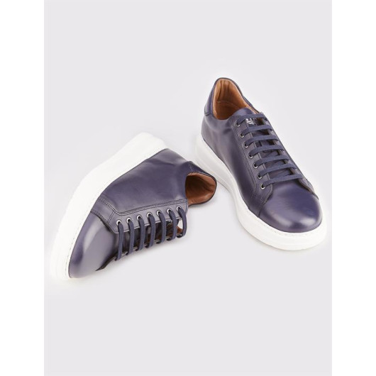 Men's White Sole Genuine Leather Navy Blue Lace-Up Sneakers