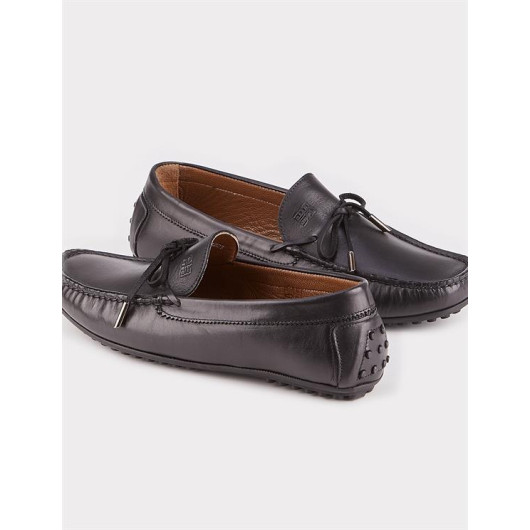Men's Genuine Leather Bow Black Loafer Shoes