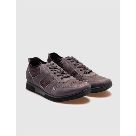 Men's Genuine Leather Gray Nubuck Lace-Up Casual Shoes