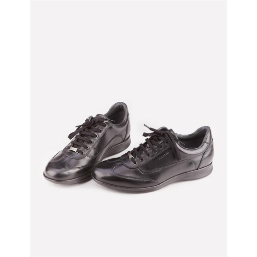 Men's Genuine Leather Rubber Sole Black Lace-Up Casual Shoes