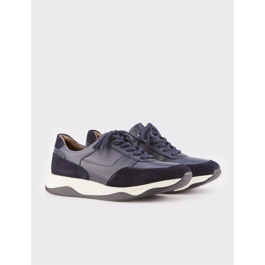 Men's Genuine Leather Navy Blue Lace-Up Sneakers