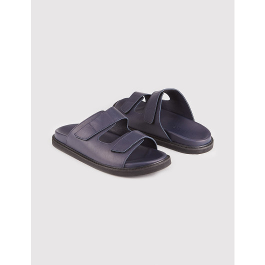 Genuine Leather Sandals For Men Slippers Dark Blue Color