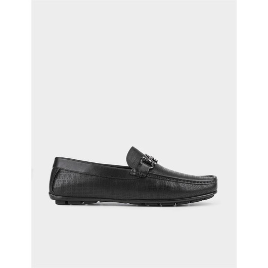 Men's Black Loafer Shoes With Genuine Leather Buckle Accessories